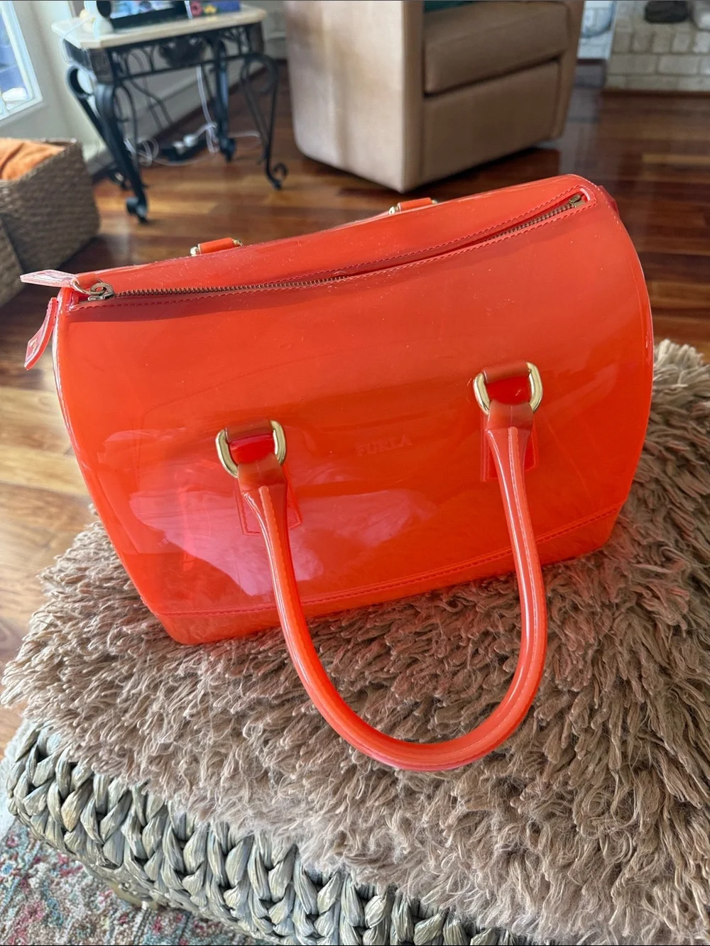 Furla Glossy Orange Patent Dome Satchel